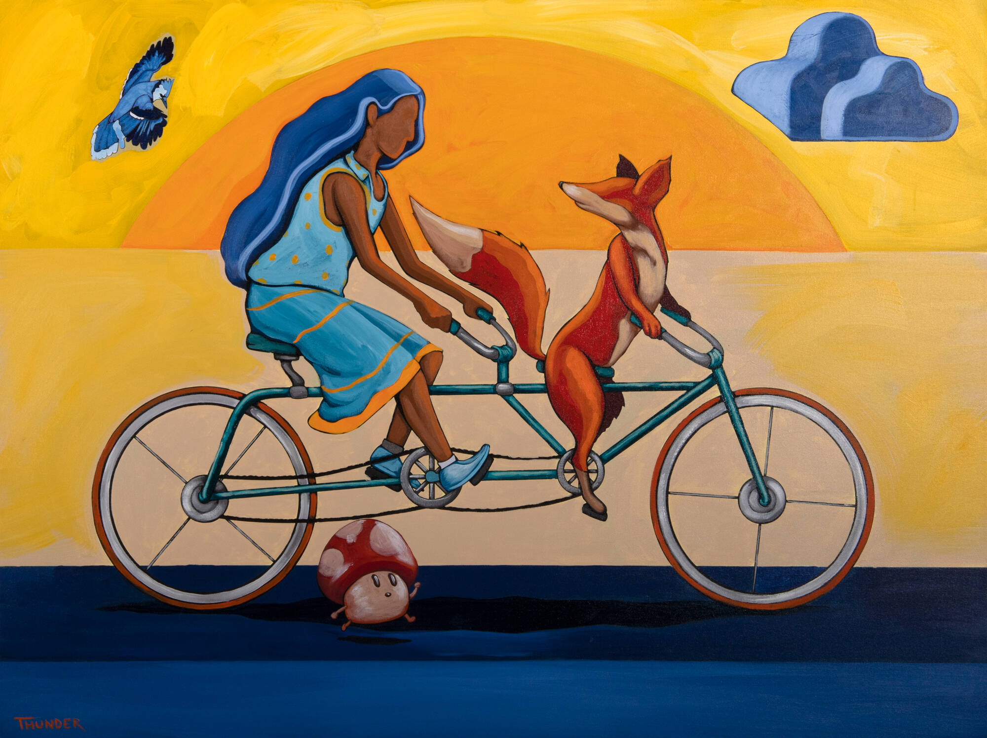Colorful acrylic painting of a female figure and a fox riding a tandem bike.